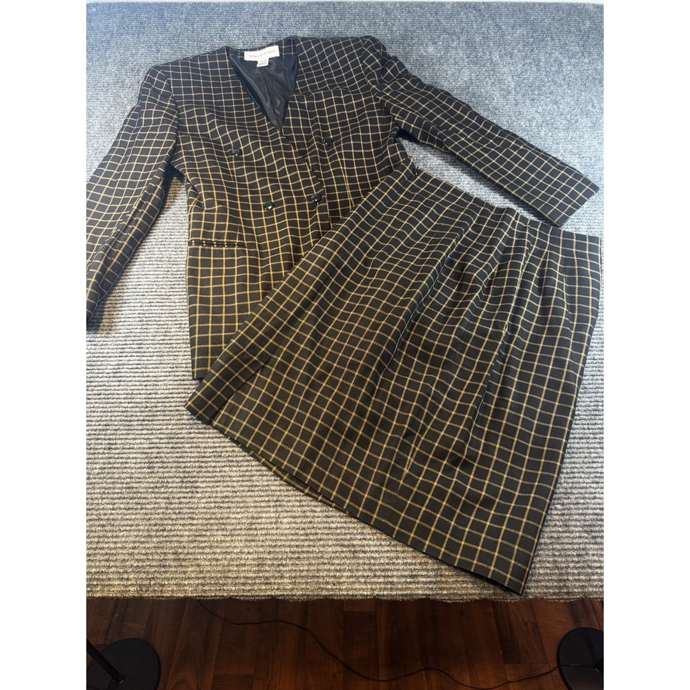 Jones N.Y.Suit‎ Womens Retro Black/Gold Checkered Jacket 8 + Skirt 10 Pre-owned
